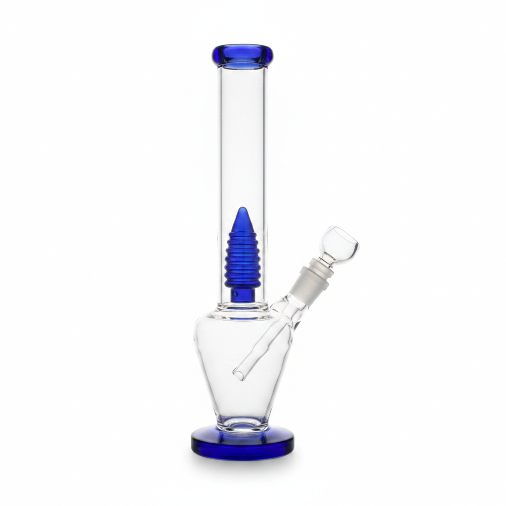 Blue straight tube glass bong with clean chamber and blue accents, classic design close-up
