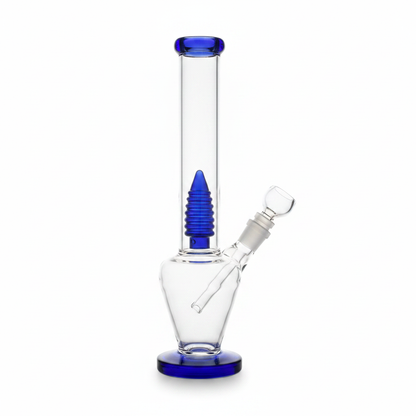Blue straight tube glass bong with clean chamber and blue accents, classic design close-up
