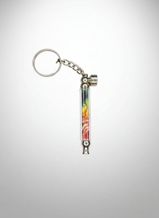 Keychain with colorful weed smoking hand pipe on a gray background, metal toking hand pipe for weed hash charas ganja stoner 420, best smoking essentials, easy to carry smoking accessory for travelling hiking party house party lone sessions.