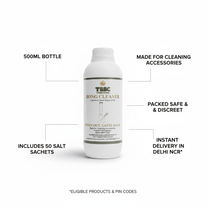 TBBC Bong Cleaner 500 ml infographic showing the bottle, 50 salt sachets claim and eligible Delhi NCR delivery information