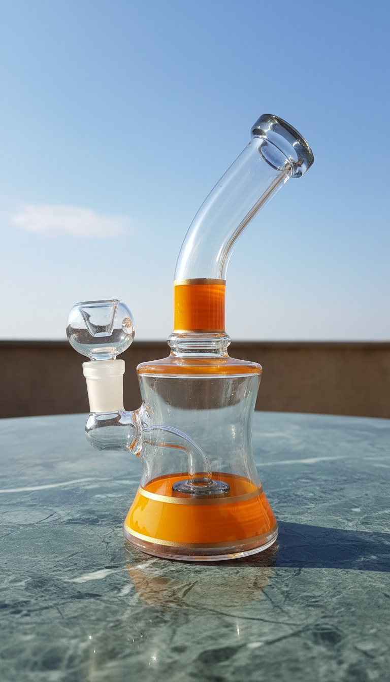 Glass water pipe with orange liquid on a reflective surface, , bongs instant delivery in delhi ncr