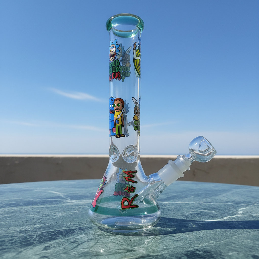 Cartoon graphic ice catcher bong side profile showing 10 inch height and stable beaker base, ToonDub design