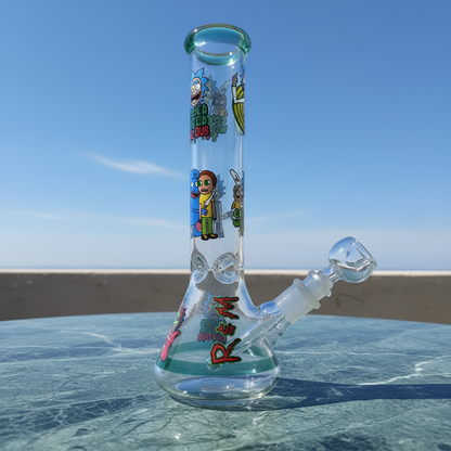 Cartoon graphic ice catcher bong side profile showing 10 inch height and stable beaker base, ToonDub design