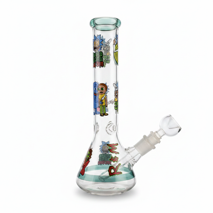 Beaker bong with ice catcher opening and all-over cartoon print, clear chamber close-up