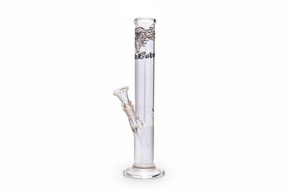 A clear cylinder glass bong with white accents and a pattern near the base.