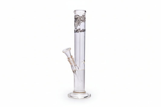 A clear cylinder glass bong with white accents and a pattern near the base.