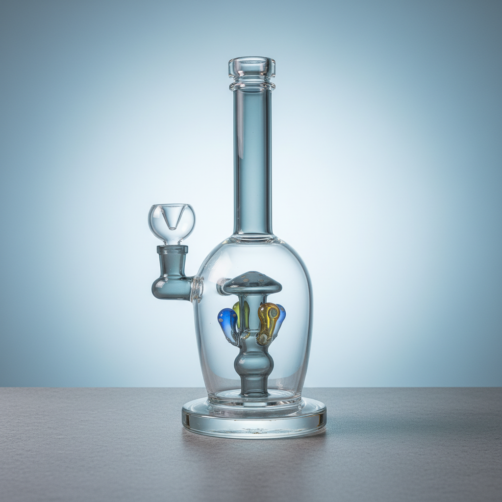 Grey mushroom bong side profile with stable base and tall neck, 11 inch borosilicate glassware