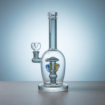 Grey mushroom bong side profile with stable base and tall neck, 11 inch borosilicate glassware