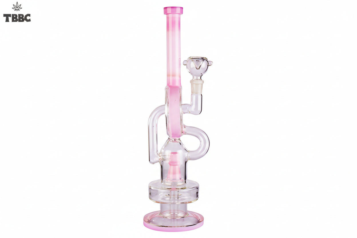 Glass water pipe with pink accents on a white background, featuring the TBBC logo.
