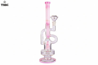 Glass water pipe with pink accents on a white background, featuring the TBBC logo.