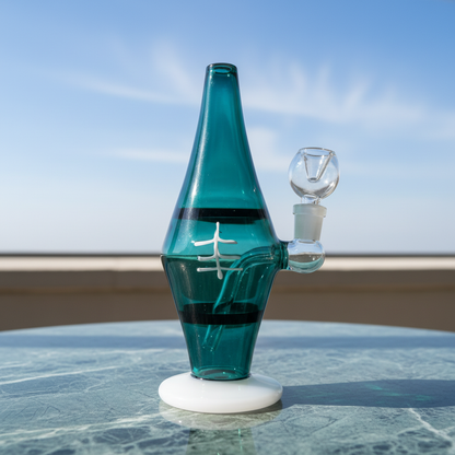 Teal glass shower percolator bong close-up diffusion chamber smooth pulls