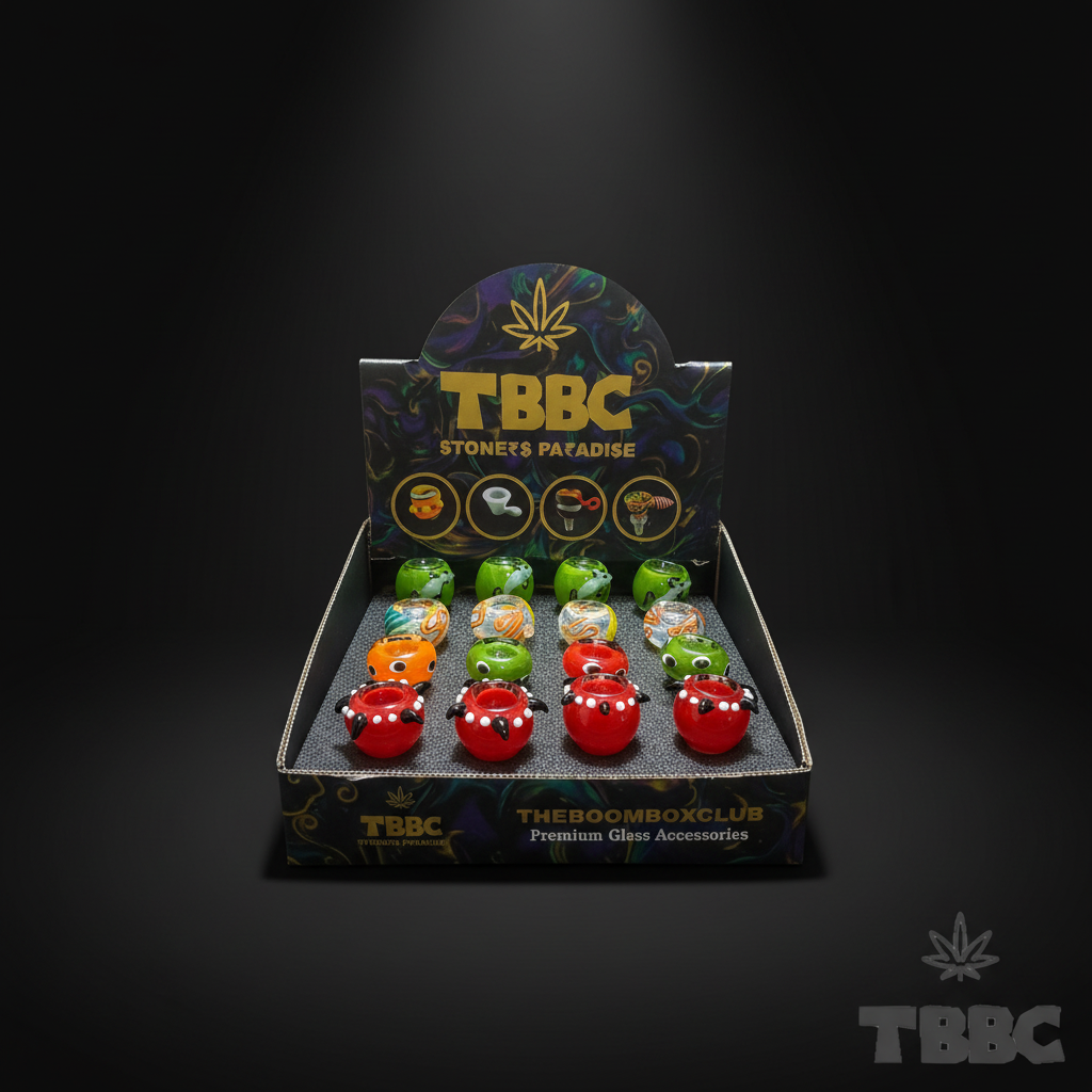 TBBC 16-piece display box of assorted coloured designer borosilicate glass shooter bowls on a dark background