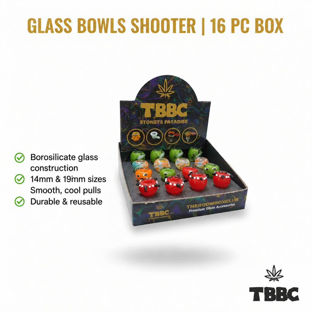 TBBC borosilicate glass shooter bowls in a 16-piece display box with assorted colours and 14mm and 19mm size options infographic