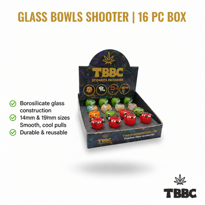 TBBC borosilicate glass shooter bowls in a 16-piece display box with assorted colours and 14mm and 19mm size options infographic