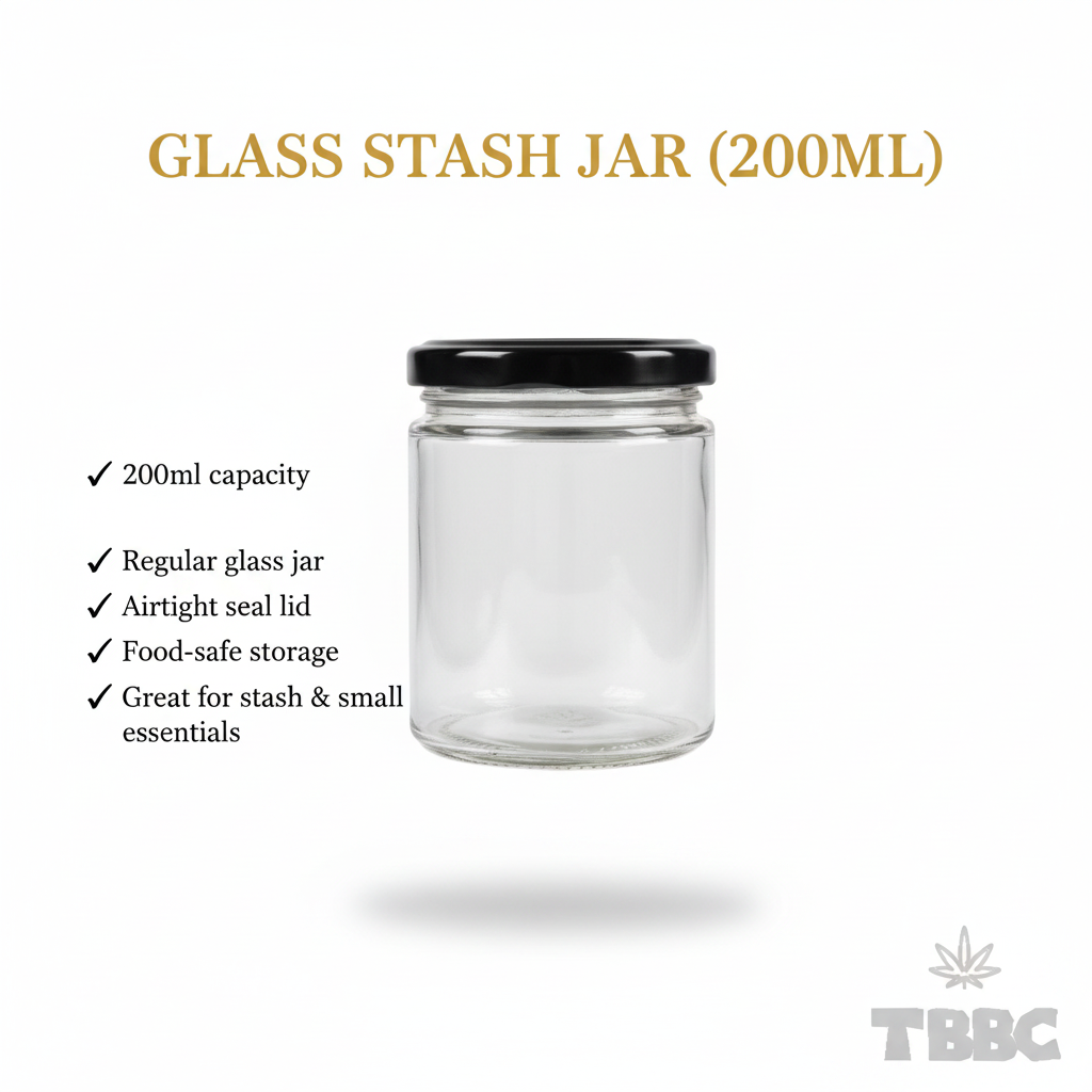 Borosilicate glass stash jar 200ml with black lid, airtight seal lid, food-safe storage for stash and small essentials.