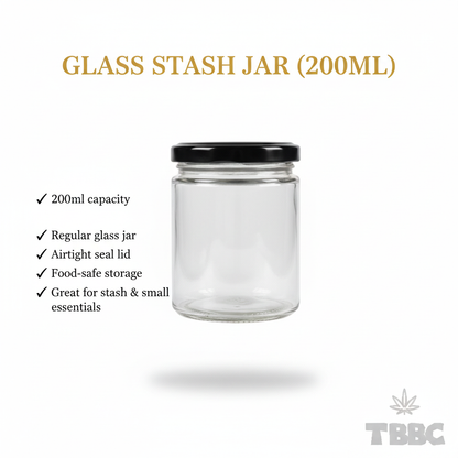 Borosilicate glass stash jar 200ml with black lid, airtight seal lid, food-safe storage for stash and small essentials.