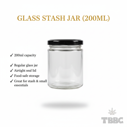 Borosilicate glass stash jar 200ml with black lid, airtight seal lid, food-safe storage for stash and small essentials.