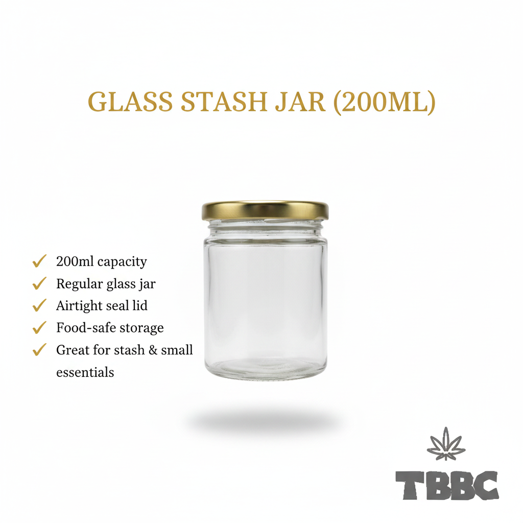 Borosilicate glass stash jar 200ml with gold lid, airtight seal lid, food-safe storage for stash and small essentials.