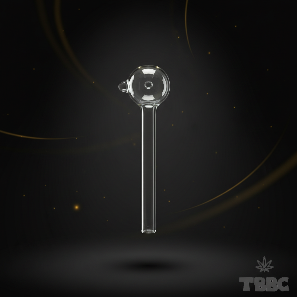 TBBC 5 inch clear borosilicate glass oil pipe with straight stem and rounded chamber on a dark luxury background