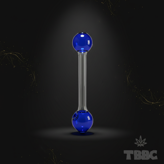 Blue Bubble 6 inch glass oil pipe with clear stem and cobalt blue bulb ends on dark background