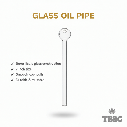 TBBC 7 inch clear borosilicate glass oil pipe with straight stem and rounded chamber, white background specifications infographic