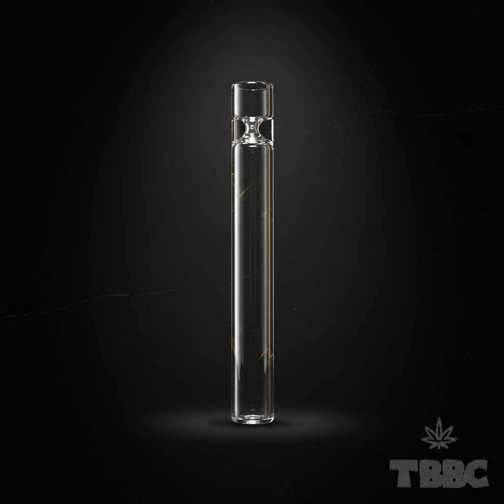 TBBC 4 inch clear borosilicate glass one-hitter with straight tube and shaped end on dark luxury background