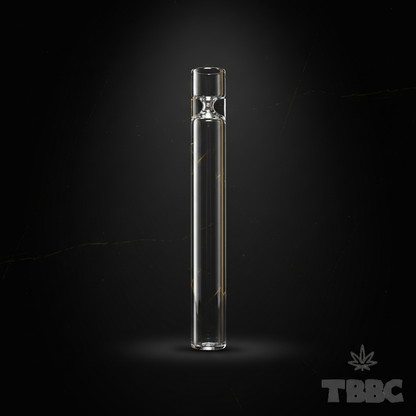 TBBC 4 inch clear borosilicate glass one-hitter with straight tube and shaped end on dark luxury background