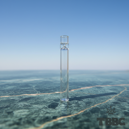 TBBC 4 inch clear borosilicate glass one-hitter with straight tube and shaped end on marble and sky background
