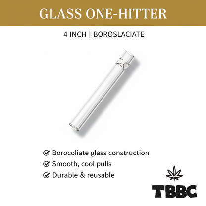 TBBC 4 inch clear borosilicate glass one-hitter with straight tube and shaped end, white background specifications infographic