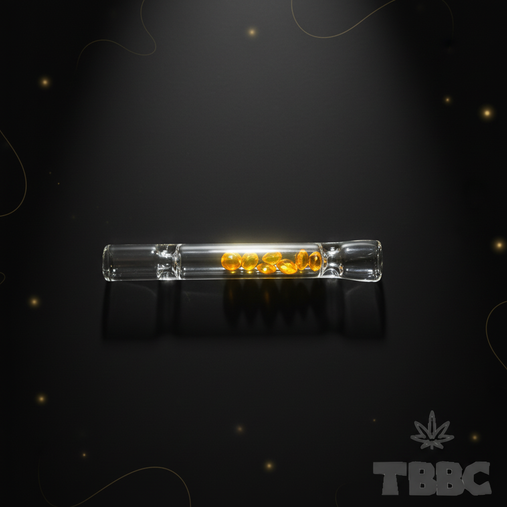 TBBC 4 inch clear borosilicate glass one-hitter with amber-tone decorative crystals inside the tube on dark luxury background