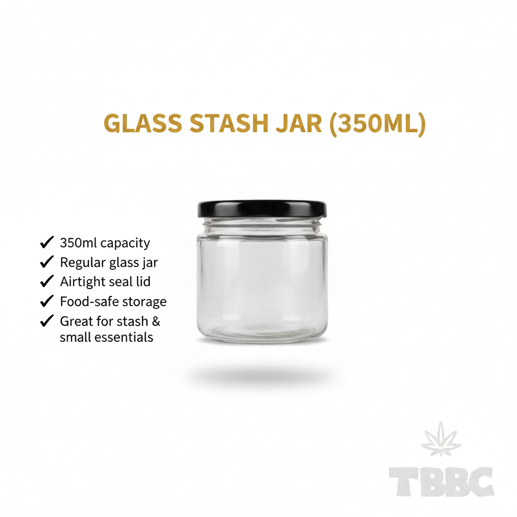 Borosilicate glass stash jar 350ml with black lid, airtight seal lid, food-safe storage for stash and small essentials.