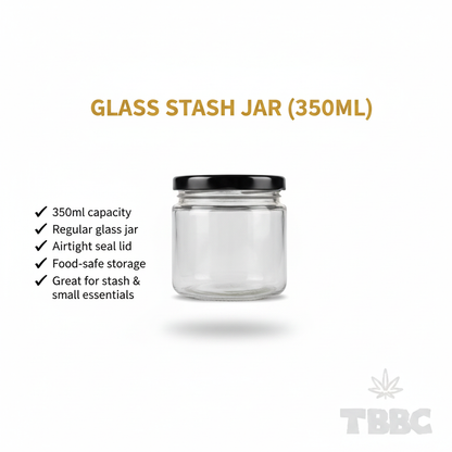 Borosilicate glass stash jar 350ml with black lid, airtight seal lid, food-safe storage for stash and small essentials.