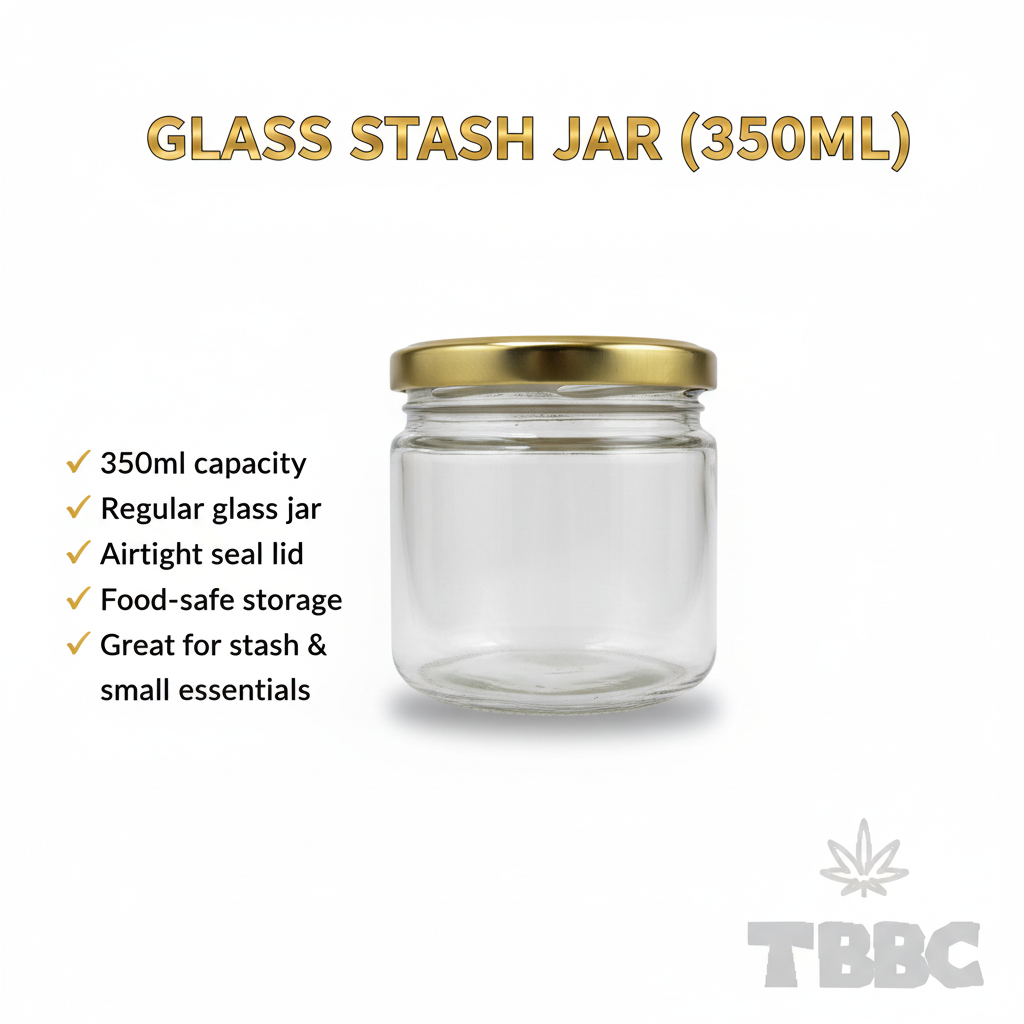 Borosilicate glass stash jar 350ml with gold lid, airtight seal lid, food-safe storage for stash and small essentials.