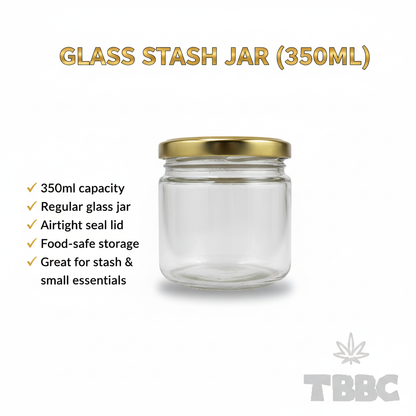 Borosilicate glass stash jar 350ml with gold lid, airtight seal lid, food-safe storage for stash and small essentials.