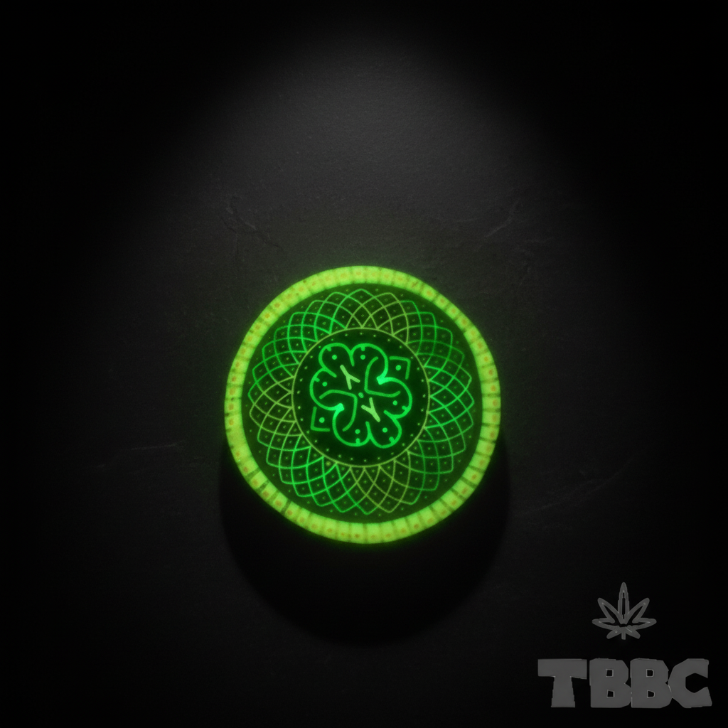 Glow-in-the-dark crushing bowl with Clover Mandala 4-leaf geometric pattern on a dark luxury background, showing the UV neon glow.