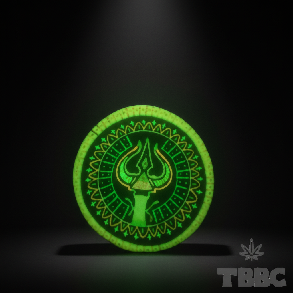 Glow-in-the-dark Trishul Shiva crushing bowl on a dark luxury background, showing the neon geometric pattern.