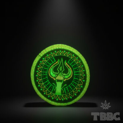 Glow-in-the-dark Trishul Shiva crushing bowl on a dark luxury background, showing the neon geometric pattern.