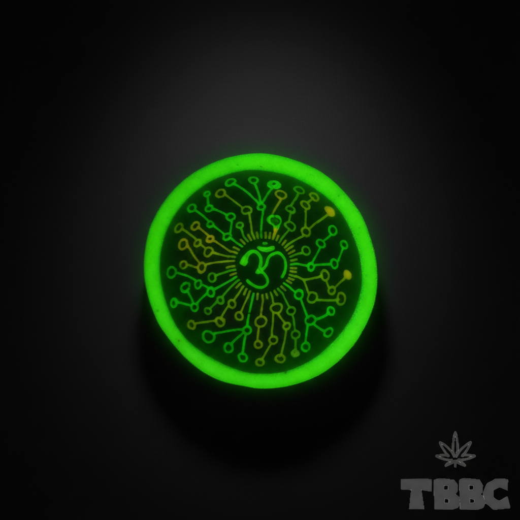 Glow Crushing Bowl Big OM glowing bright under UV light, highlighting the glow-in-dark coating and sacred OM symbol.