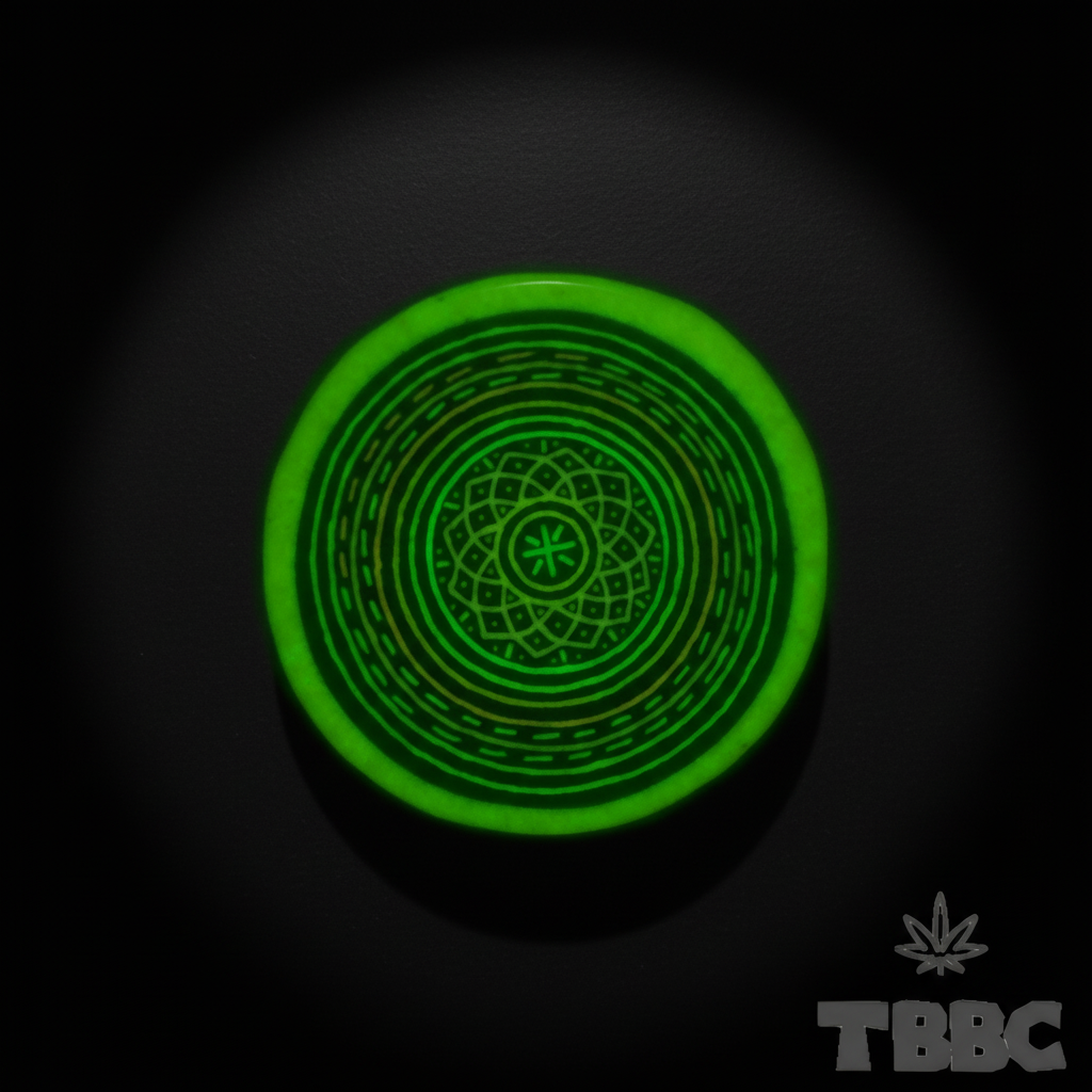 Glow Crushing Bowl Big Spiral Chakras glowing under UV light, with an intricate concentric mandala pattern.