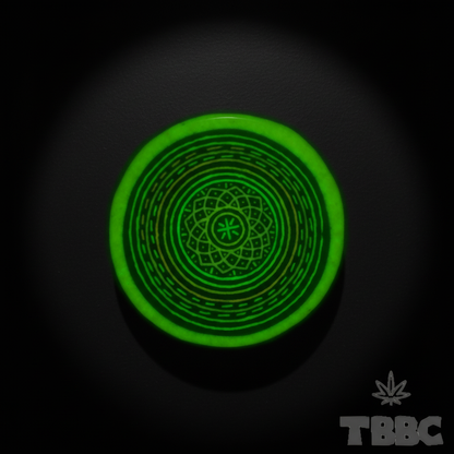 Glow Crushing Bowl Big Spiral Chakras glowing under UV light, with an intricate concentric mandala pattern.