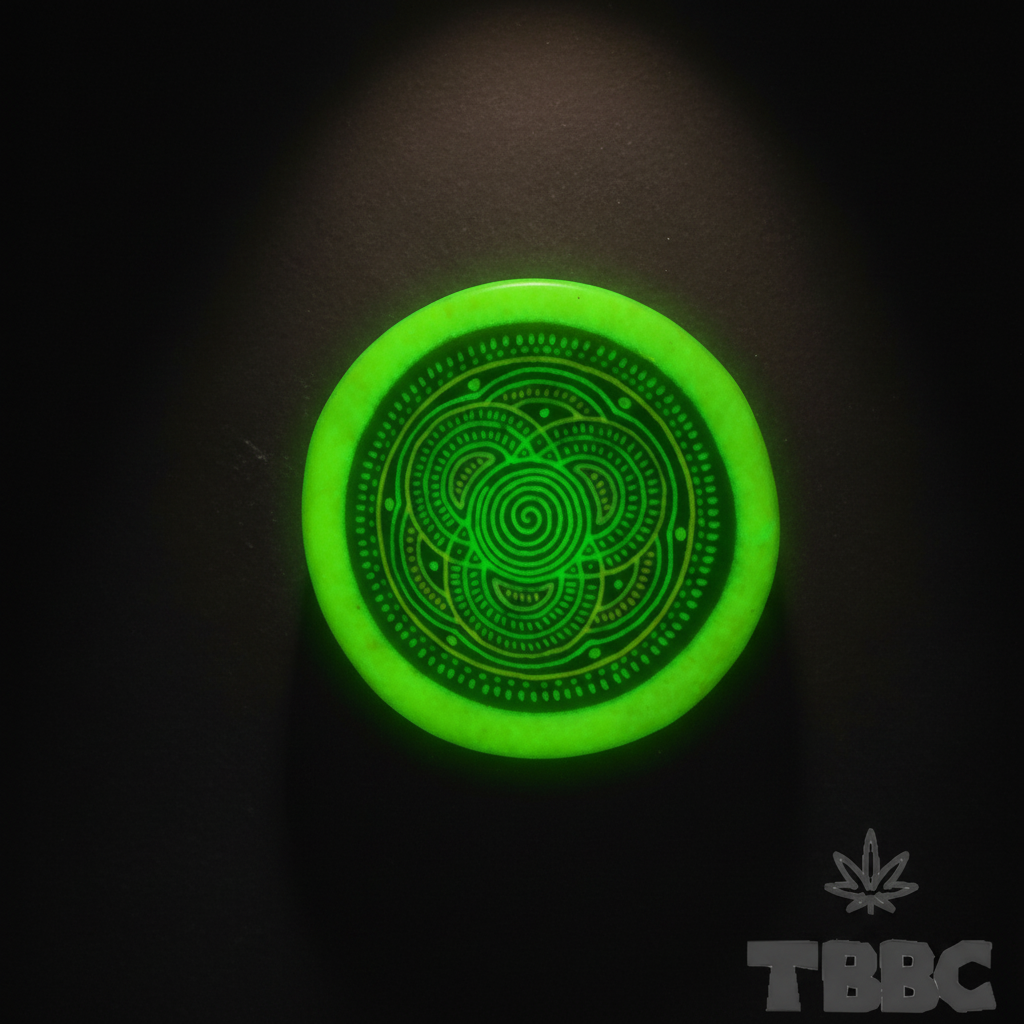 Glow Crushing Bowl glowing under UV light, showing its bright green finish and geometric surface pattern.
