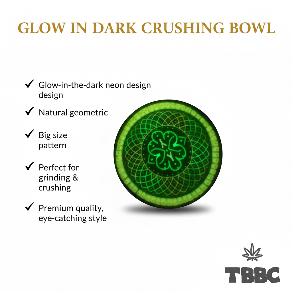 Glow crushing bowl infographic showing the Clover Mandala 4-leaf geometric pattern, glow-in-the-dark UV neon design, and 4-inch size.