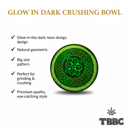 Glow crushing bowl infographic showing the Clover Mandala 4-leaf geometric pattern, glow-in-the-dark UV neon design, and 4-inch size.