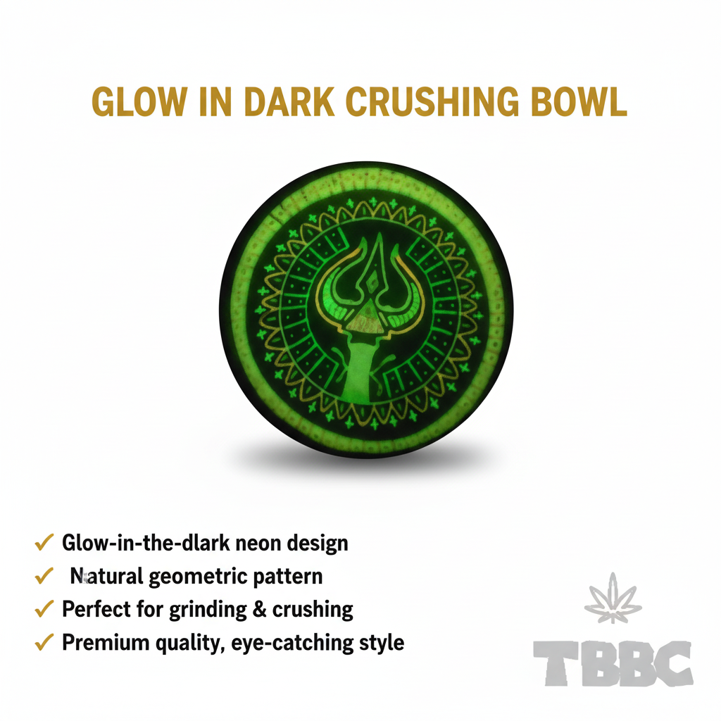 Glow-in-the-dark crushing bowl with neon geometric Trishul Shiva pattern, premium finish, 4-inch size infographic.