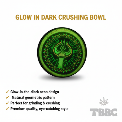 Glow-in-the-dark crushing bowl with neon geometric Trishul Shiva pattern, premium finish, 4-inch size infographic.