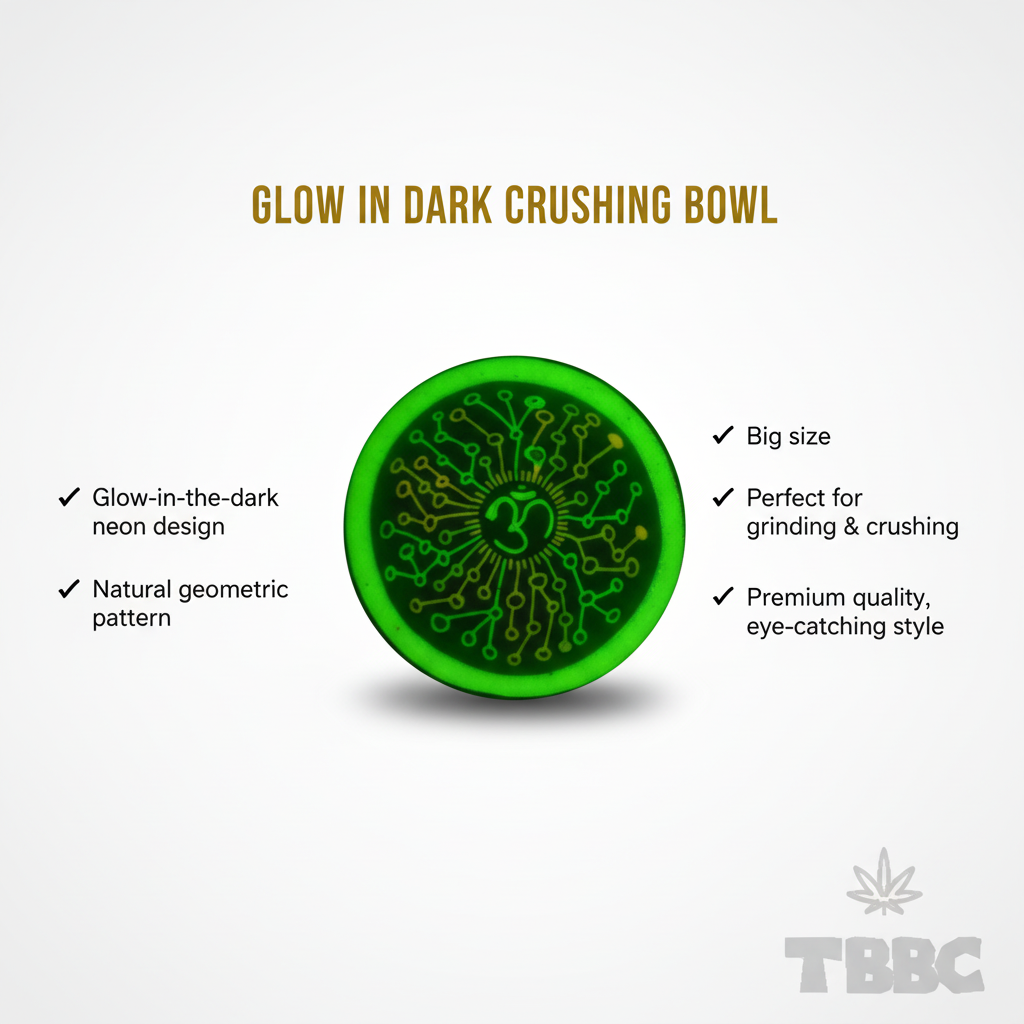TBBC Glow Crushing Bowl 4-inch universal rolling base, coconut shell and resin, Big OM symbol pattern and glow-in-dark design infographic.