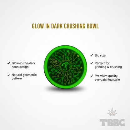 TBBC Glow Crushing Bowl 4-inch universal rolling base, coconut shell and resin, Big OM symbol pattern and glow-in-dark design infographic.