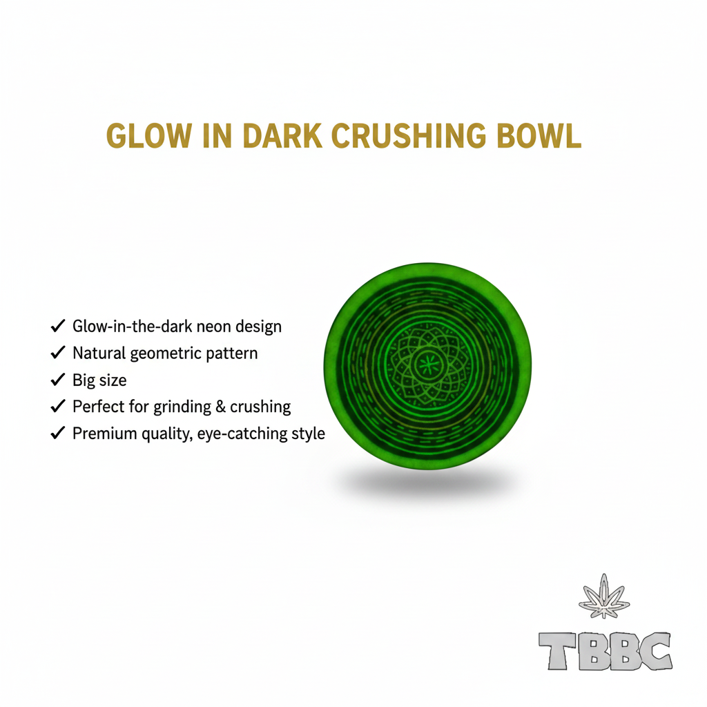 Glow-in-dark crushing bowl with Big Spiral Chakras pattern, 4-inch size, and UV-reactive design infographic.