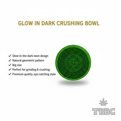 Glow-in-dark crushing bowl with Big Spiral Chakras pattern, 4-inch size, and UV-reactive design infographic.
