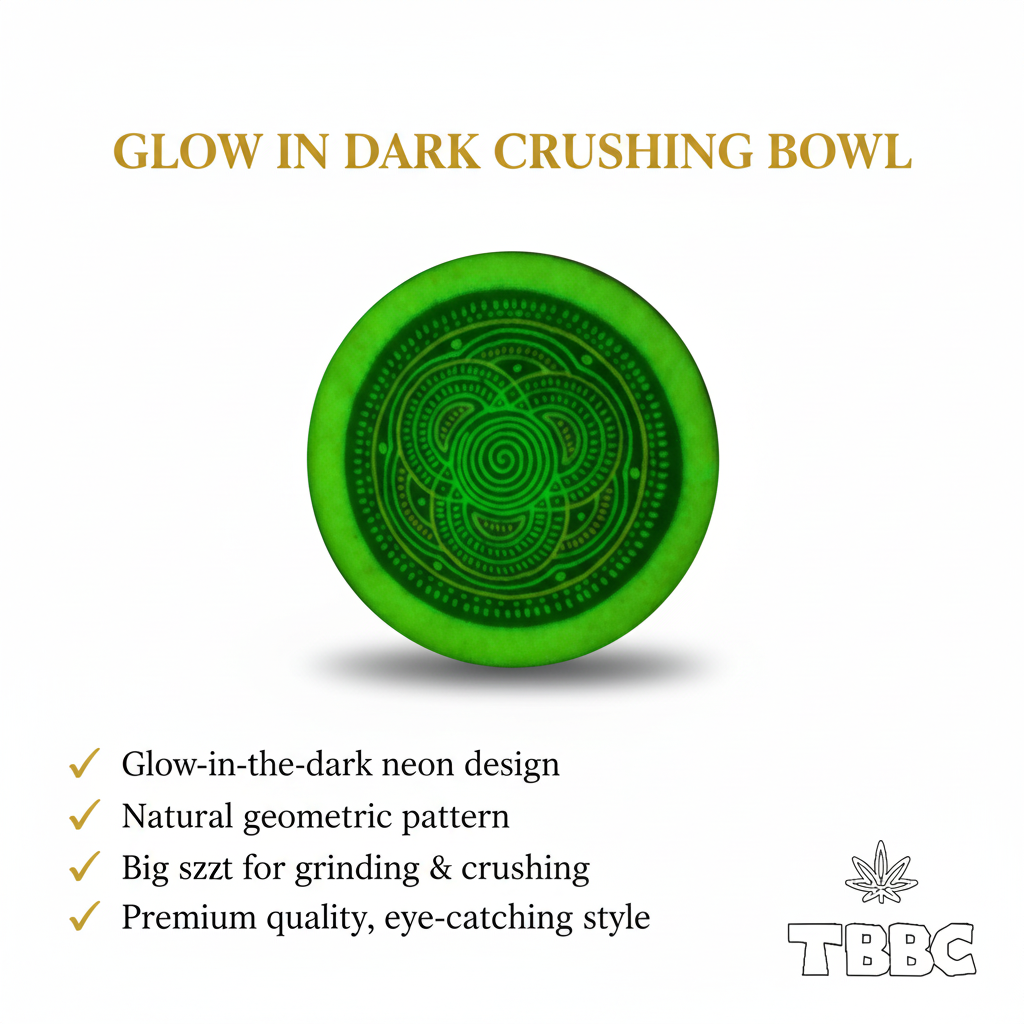 Glow-in-dark crushing bowl with geometric pattern, 4-inch size and UV-reactive design infographic.